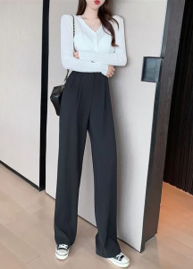 V-neck Cardigan with Wide-Leg Trousers